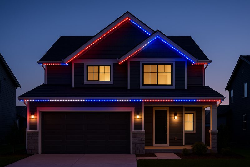 A modern house exterior at dusk. Under the roof eaves, a sleek, invisible track holds LED lights that are currently displaying a patriotic red, white, and blue chasing pattern. The house looks festive but clean