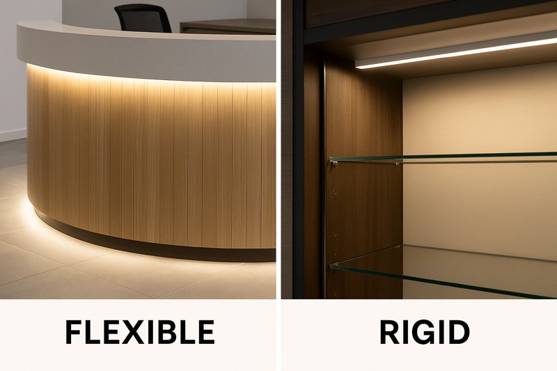 A split image showing a flexible LED strip smoothly following the curve of a circular reception desk on one side, and a rigid LED bar casting a perfectly straight line of light inside a display cabinet on the other
