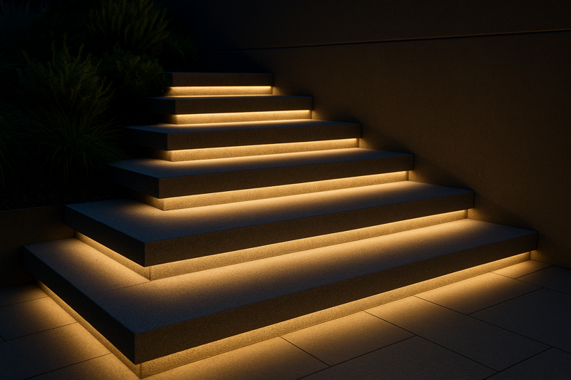 A set of concrete outdoor stairs at night, where each step is underlit with a warm white LED strip, making them appear to float and creating a grand entrance.