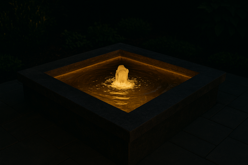 A modern garden fountain at night where a hidden IP68 LED strip inside the basin makes the bubbling water glow from within. The effect is mesmerizing and magical.