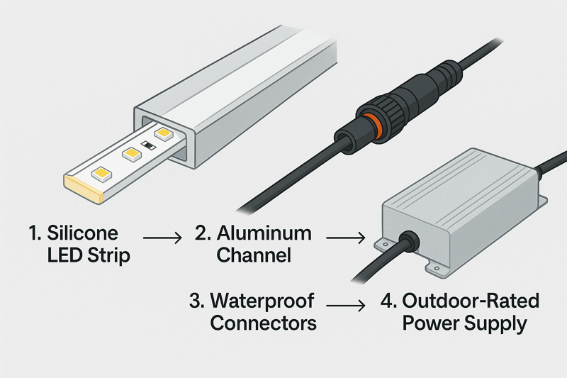 A diagram showing the four key components of a robust system: 1. Silicone LED Strip -> 2. Aluminum Channel -> 3. Waterproof Connectors -> 4. Outdoor-Rated Power Supply.”><figcaption>The Four Pillars of a Weatherproof LED System</figcaption></figure>
</p>
<p>This is where I see even experienced installers sometimes make a mistake. They invest heavily in the lighting strip itself but then try to save a few dollars on the power supply or connectors. A system is only as strong as its weakest link. A single bad connection can let water into an otherwise perfect installation, and a cheap power supply can send unstable voltage that kills the LEDs. For my clients, I always emphasize thinking about the entire chain of components, from the wall outlet to the last LED.</p>
<h3>A Deeper Dive into Systemic Protection</h3>
<p>Let’s secure the final weak links in the chain to build a truly bulletproof installation.</p>
<ul>
<li>
<h4>The Heart of the System: The Power Supply</h4>
<p>The power supply (or driver) is not just a transformer; it’s the heart of your lighting system.</p>
<ul>
<li><strong>Voltage Regulation:</strong> Cheap, unregulated power supplies can have significant voltage ripple or fluctuations. This "dirty power" creates stress on the LEDs and driver circuits, drastically shortening their lifespan. Always use a high-quality, regulated Class 2 power supply from a reputable brand.</li>
<li><strong>Environmental Rating:</strong> For outdoor use, the power supply itself must be rated for the environment. Look for NEMA 3R or IP65+ rated power supply enclosures that are designed to be installed outdoors and can handle rain, dust, and humidity. Never install an indoor-rated power supply in a non-waterproof junction box.</li>
</ul>
</li>
<li>
<h4>The Achilles’ Heel: Connections and Splices</h4>
<p>Every extra connection is a potential point of failure. The goal is to minimize them and make the ones you do need absolutely waterproof.</p>
<ul>
<li><strong>Soldering:</strong> For permanent, professional installations, soldering is the most reliable way to connect wires to an LED strip. A good solder joint is mechanically and electrically superior to any clip-on connector.</li>
<li><strong>Waterproofing the Connection:</strong> After soldering, the connection must be made 100% waterproof. The professional method is to use adhesive-lined (marine-grade) heat shrink tubing. As you heat it, it shrinks tightly around the joint while an inner layer of adhesive melts, creating a complete, solid seal against moisture. For end caps, injecting them with a small amount of neutral-cure (non-acidic) silicone before placing them on the strip provides a permanent, waterproof barrier. Avoid clip-on connectors for any exposed, long-term installation; they will eventually fail.</li>
</ul>
</li>
</ul>
<h2>Conclusion</h2>
<p>True protection is not a single feature but a professional methodology. It’s about choosing UV-immune silicone, managing heat with channels, and ensuring every connection is as waterproof as the strip itself. This system is how you build an installation that lasts.</p>
<hr />
<div class=