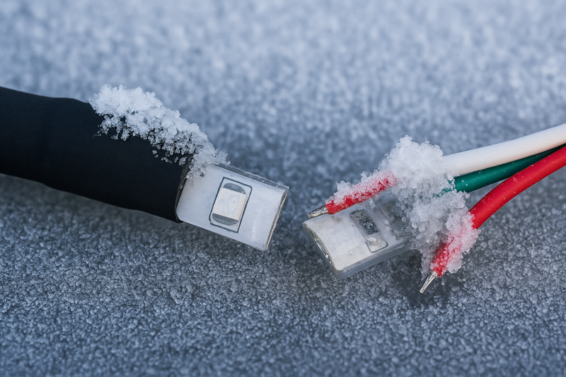 A close-up photo of a frozen LED strip connection covered in frost. The connector is sealed with black heat-shrink tubing and looks intact, while a nearby unsealed connector has ice forcing the wires apart.