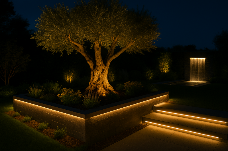 A beautiful garden at night. An old olive tree is dramatically uplight, strips highlight the edge of a raised flower bed, and a soft glow emanates from behind a waterfall feature.