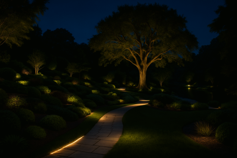 A breathtaking panoramic view of a large, multi-layered garden at night. A softly lit path meanders through, a large oak tree is dramatically uplight, and a pond in the background has a gentle glow.