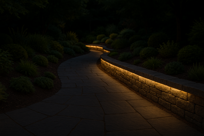 A meandering garden path made of dark flagstones, bordered by a low stone wall. A continuous warm white LED strip hidden under the wall's capstone washes the path with a soft, inviting light.