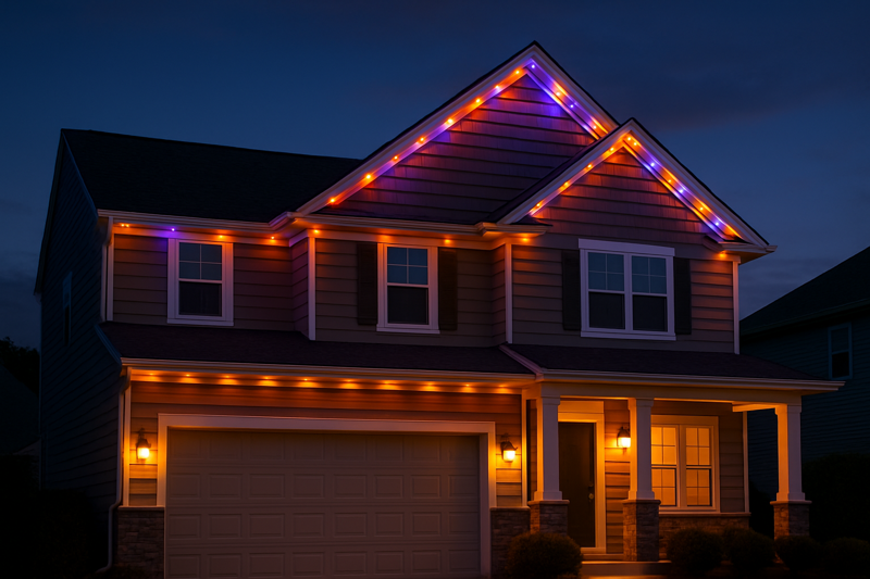A suburban home at twilight in October. The roofline is illuminated with alternating purple and orange lights. On the porch, the lighting is a warm, harvest gold. The effect is festive but tasteful.