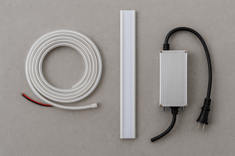 A flat-lay image showing the three essential hardware components side-by-side: a coil of silicone IP67 LED strip, a piece of aluminum channel with a milky diffuser, and a compact outdoor-rated LED power supply.