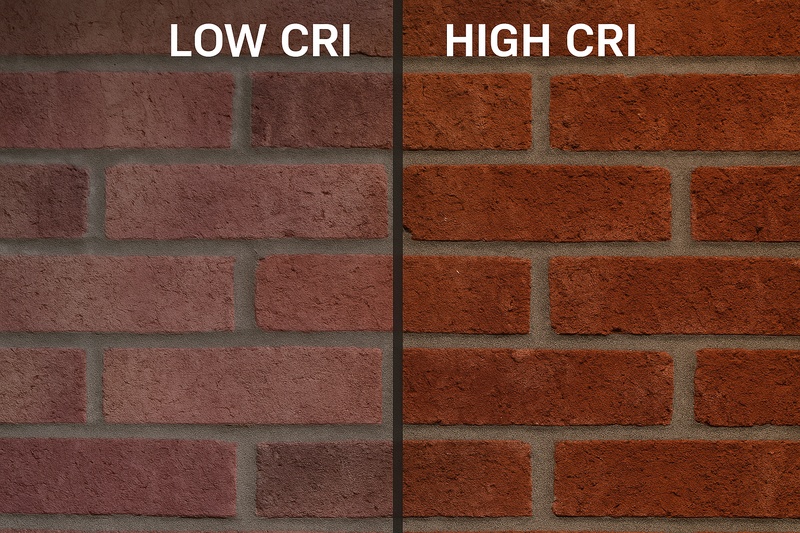 A photo of a beautiful brick wall. The left side is lit with a low-CRI, inconsistent budget strip, making the brick look uneven and pinkish. The right side is lit with a premium 90-CRI strip, showing the rich, consistent red and brown tones.