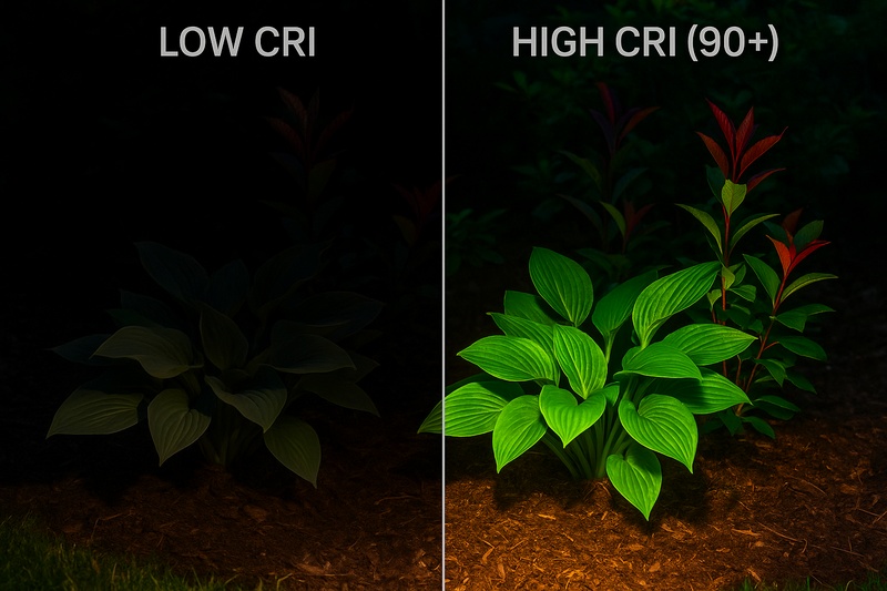 A split photo showing the same garden scene. One side is lit with low-CRI light, making plants look dull. The other is lit with high-CRI (90+) light, showing vibrant, rich greens and reds.