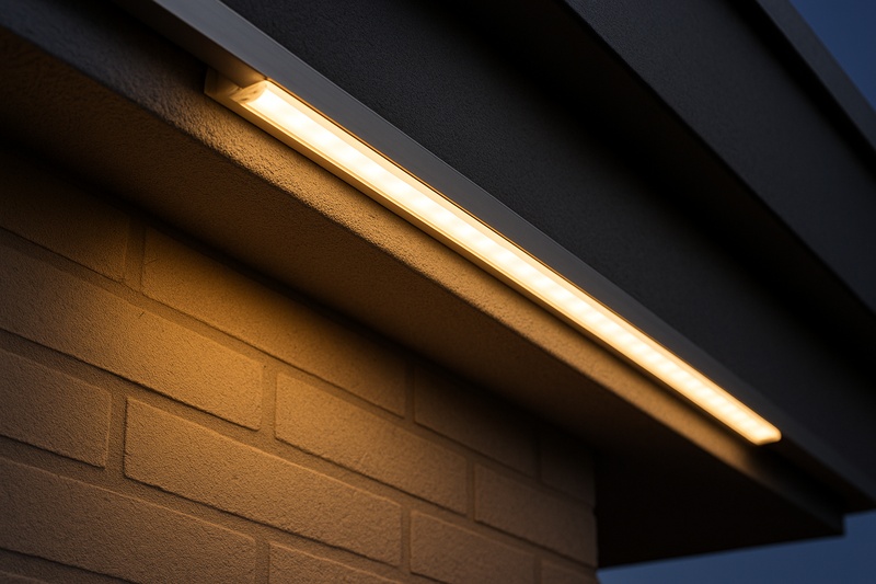 A close-up of an IP65 silicone-coated LED strip neatly installed inside an aluminum channel under the eave of a modern home, casting a warm glow down the wall.