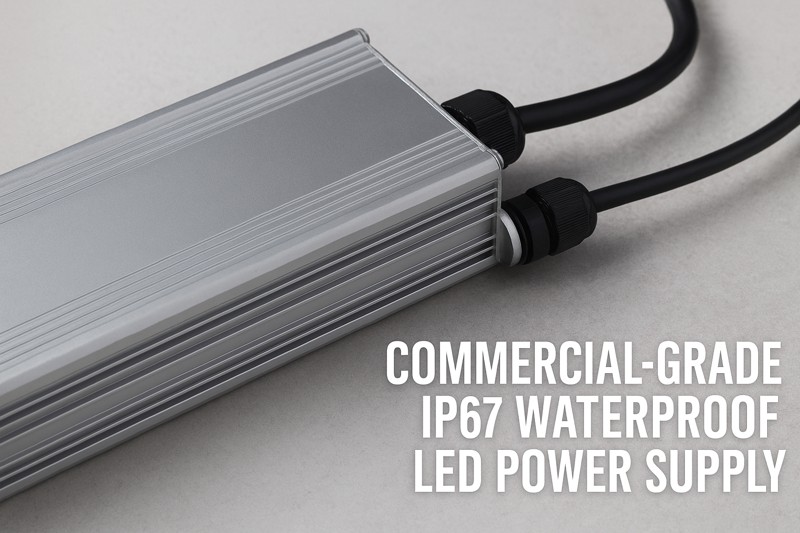 A close-up of a rugged, commercial-grade IP67 LED power supply, showing its sealed metal housing and waterproof cables coming from sealed glands.