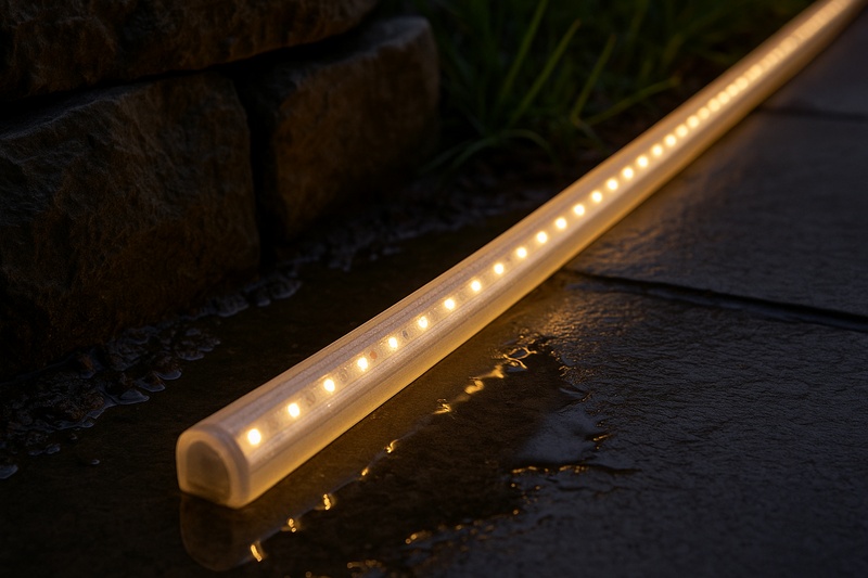 A rugged-looking IP67 silicone-jacketed LED strip installed along the edge of a stone garden path, glowing brightly even with water puddled around it after a rain shower.