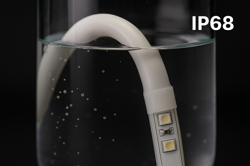 A close-up shot of an IP68 LED strip submerged in water inside a clear vase. The strip is encased in a thick, milky-white silicone tube that looks soft and flexible.