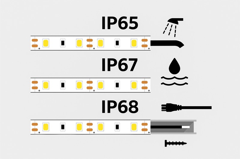 A visually clear graphic comparing three LED strip segments labeled IP65, IP67, and IP68, with icons showing a water spray, temporary water immersion, and full submersion, respectively