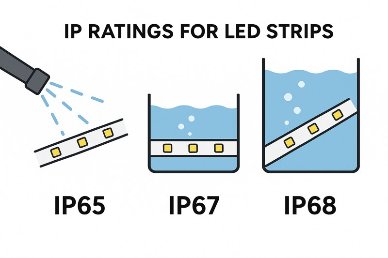 A clear infographic showing three LED strip segments: one being sprayed with a nozzle (IP65), one submerged in a shallow tank of water (IP67), and one at the bottom of a deeper tank (IP68).