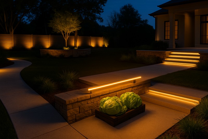 A photo of a complex landscape lighting project at dusk, with pathways, walls, and architectural elements all lit with a consistent color and brightness, clearly all part of a single, unified system.