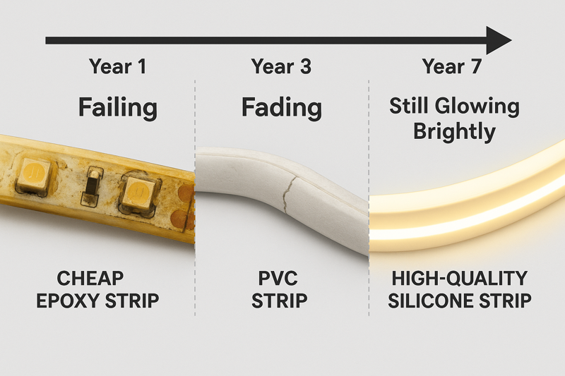 A timeline graphic showing the lifespan of different LED strips. A cheap epoxy strip is shown failing at year 1. A PVC strip is shown fading at year 3. A high-quality silicone strip is shown still glowing brightly at year 7