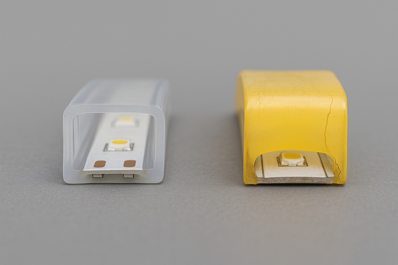 A comparison image: a cross-section of a clear, flexible silicone-extruded LED strip next to a yellowed, rigid, and cracked epoxy-coated LED strip.