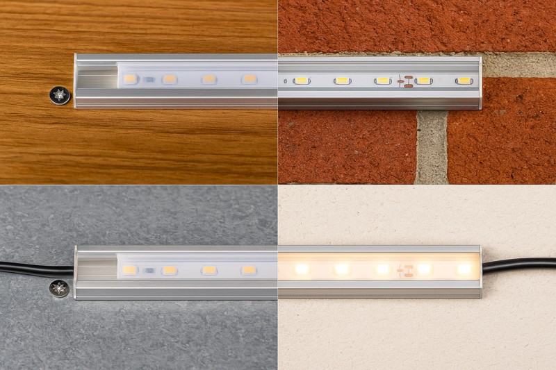 A composite image showing an LED strip in an aluminum channel being mounted securely to four different surfaces: wood, brick, metal, and stucco.