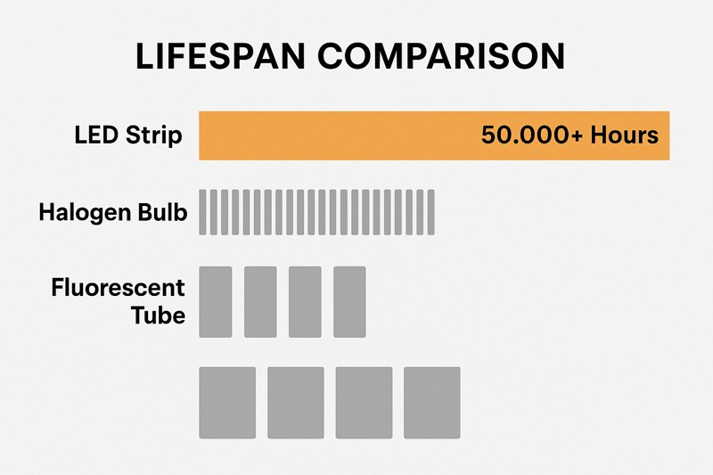 A timeline graphic showing the lifespans. It shows a single long bar for an LED strip labeled 