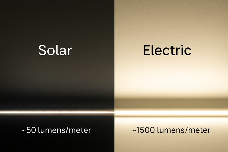 A side-by-side comparison of lumen output. The left shows a solar strip emitting a faint, weak glow (~50 lumens/meter). The right shows an electric strip emitting a powerful, brilliant light (~1500 lumens/meter).