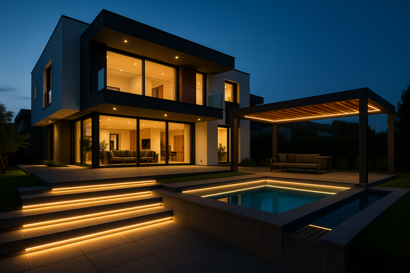 A beautiful architectural home at dusk with multiple LED strip applications visible: glowing stairs, under-coping light on a pool, and soft light from within a pergola