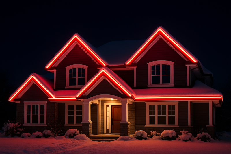 A luxurious two-story home covered in snow at night. The roofline is outlined in crisp, bright LED neon lights displaying a dynamic red and white 'candy cane' moving pattern. The light is continuous and neon-like, with no visible dots
