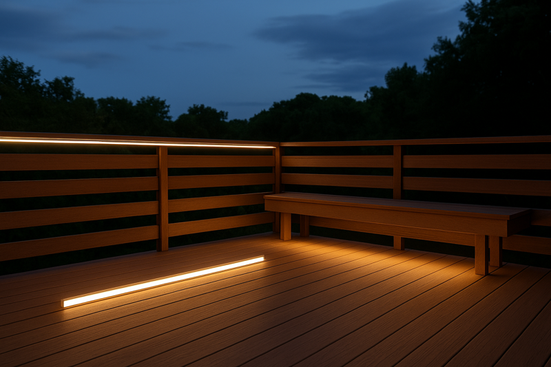 A stunning modern deck at twilight. Warm white LED strips under the handrails cast a soft glow onto the deck floor, and another strip tucked under the bench seating makes it appear to float.