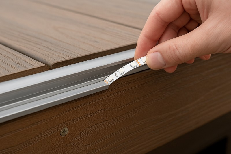 A close-up shot showing an LED strip being pressed into a sleek aluminum channel that has been screwed securely onto a wooden deck fascia board.