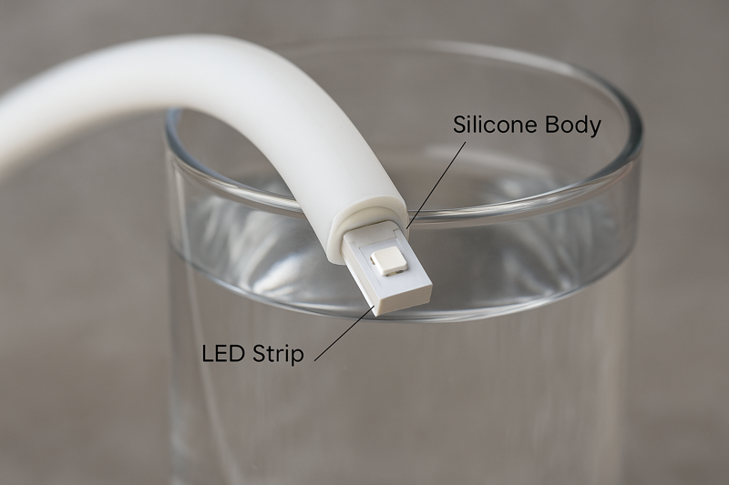 A cross-section of a Silicone LED Neon tube. It shows the LED strip completely encased in a solid, milky white rubber-like material, submerged in a glass of water to demonstrate waterproofing.