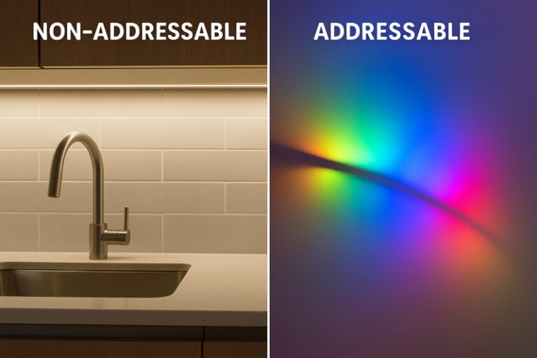 A split-image showing a non-addressable LED strip illuminating a kitchen counter with a single, uniform white light on one side, and an addressable LED strip creating a dynamic rainbow chase effect on a wall on the other side