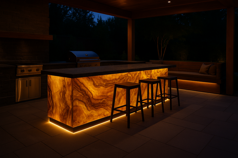 A stunning outdoor kitchen with a backlit onyx bar top that glows from within. A line of light at the toekick also makes the island appear to float.
