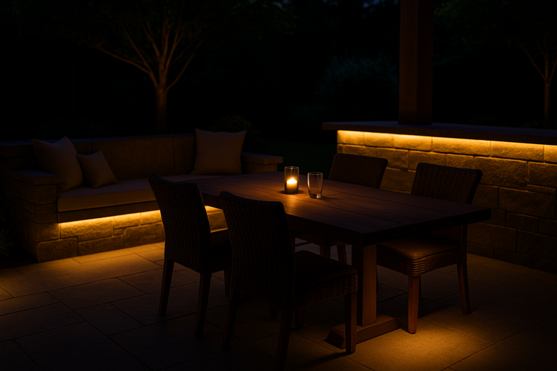 A cozy outdoor dining area at night. A soft, warm light glows from under the lip of the bar counter and from beneath a built-in seating bench, creating a relaxed and intimate atmosphere.