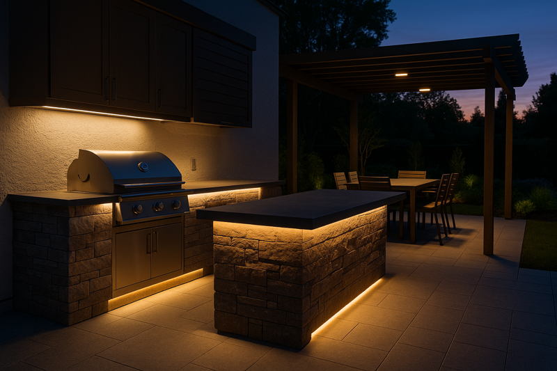 A beautiful, modern outdoor kitchen at twilight. Bright, clean light shines down on the countertops from under the cabinets, a warm, soft glow emanates from under the bar, and a dining table nearby is bathed in gentle overhead light from a pergola