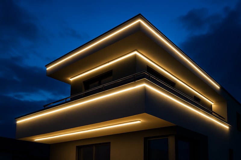 A dramatic shot of a modern building at dusk, with its architectural lines perfectly highlighted by flawless, bright outdoor LED strip lighting that is clearly withstanding the elements
