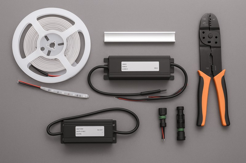 A clean, professional-looking photo showing the key tools and components for an outdoor LED strip installation laid out neatly: a silicone LED strip, an aluminum mounting channel, a waterproof power supply, wire strippers, and waterproof connectors