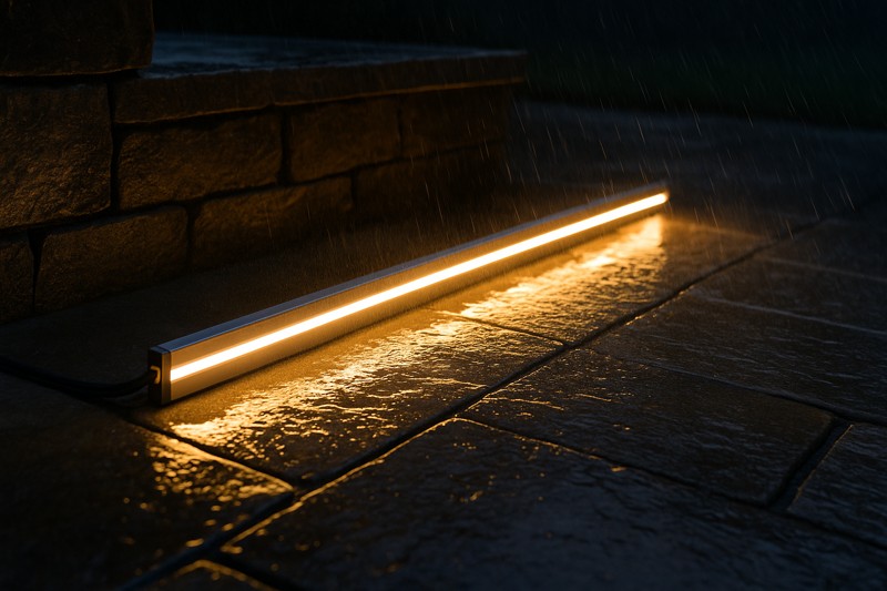 An outdoor LED strip light installation working perfectly during a heavy downpour at night, illuminating a wet stone patio with a vibrant, uninterrupted glow