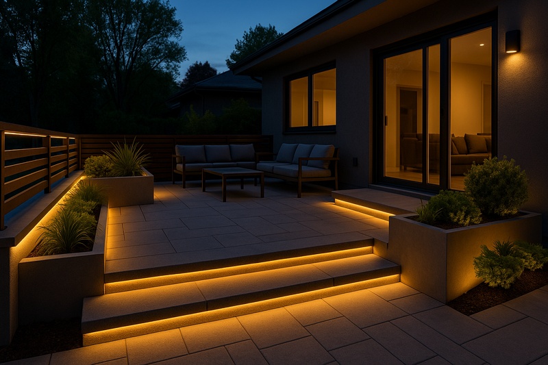 A beautifully lit modern outdoor patio, showcasing multiple applications of LED strips: under railings, along steps, and in planters, all glowing perfectly at dusk.