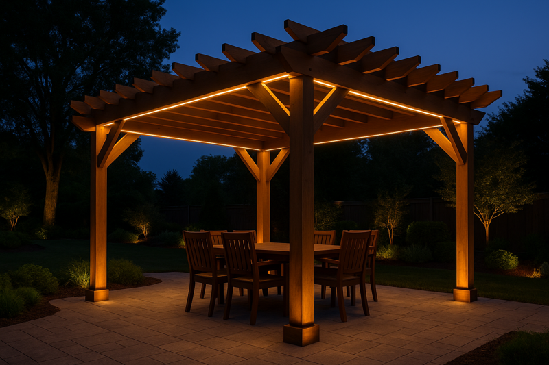 A beautiful wooden pergola at twilight, perfectly lit with multiple layers of LED strips. Warm white light glows up from the crossbeams and shines down over a dining table, creating an inviting outdoor room