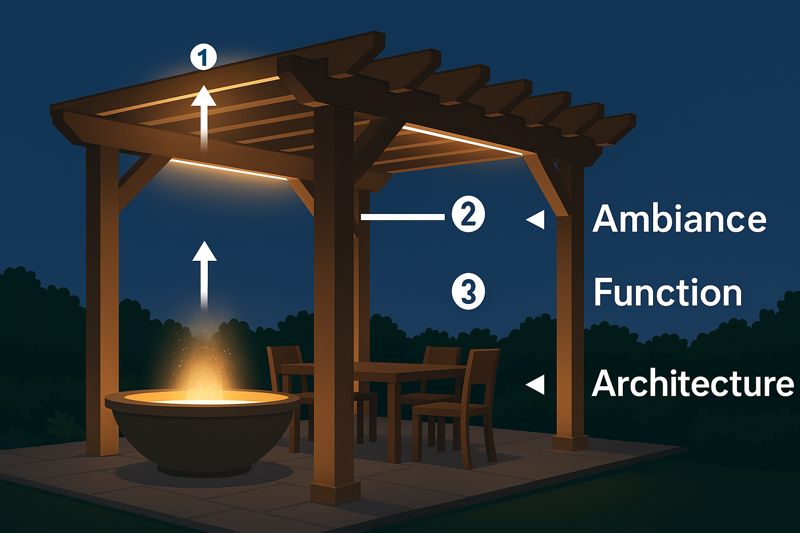 An infographic style image showing a pergola with three arrows pointing to different lighting effects. Arrow 1 points to a soft uplight labeled 