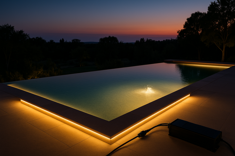 A stunning infinity pool at dusk, with a continuous line of warm white IP68 LED strip lighting creating a soft, even glow from beneath the water's surface. The effect is elegant and mesmerizing