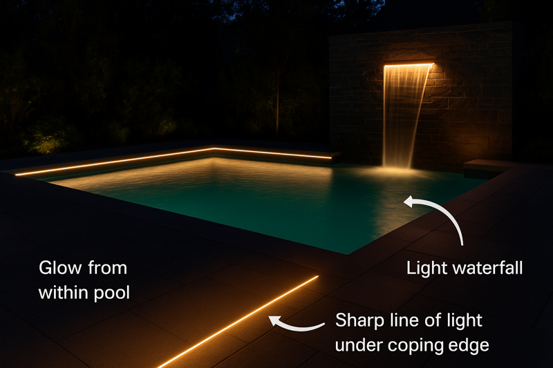A beautiful modern pool area at night, clearly showing the three key lighting zones: a glow from within the pool, a sharp line of light under the coping edge, and a waterfall that appears to be made of light.