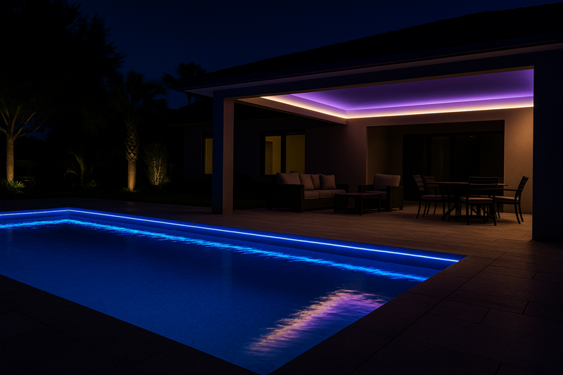 A luxurious backyard pool area at night. The pool edge is lined with a seamless, glowing blue neon light, and the patio cover has warm white indirect lighting that is transitioning into a soft purple gradient