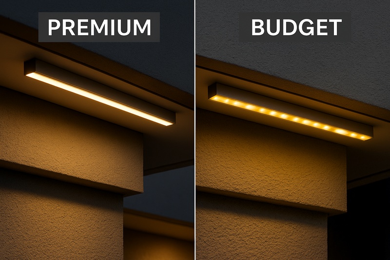 A side-by-side comparison image. The left side shows a premium, flawless LED strip installation. The right side shows a failing budget strip that is yellowed, with sections that are discolored or dead