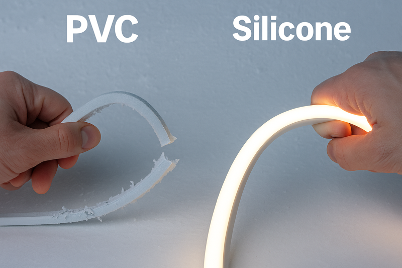 A hands-on stress test. One hand bends a frozen PVC strip which snaps and cracks. The other hand bends a frozen Silicone LED neon strip which flexes perfectly without damage.