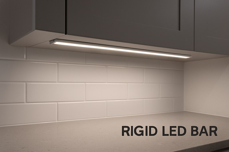 A close-up shot of a rigid LED bar neatly installed under a high-end kitchen cabinet, casting a perfectly focused and uniform light on the countertop.