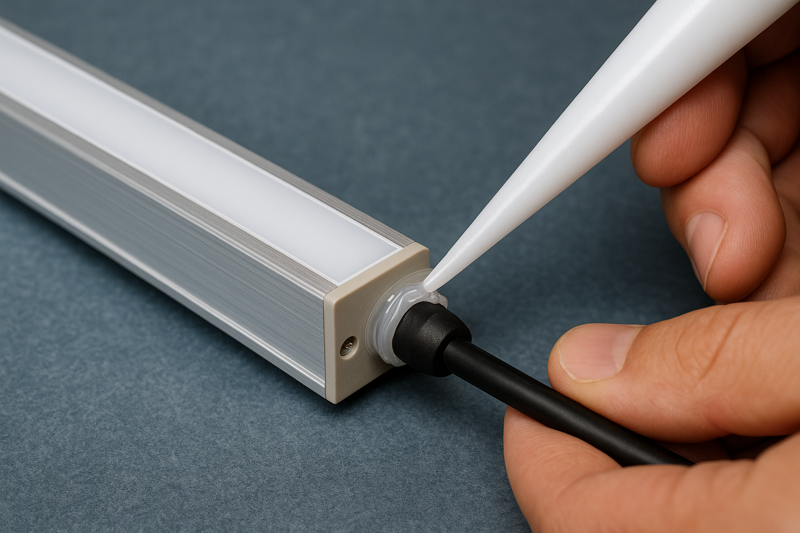 A close-up, detailed photo showing a technician applying clear marine-grade silicone sealant to the end cap of an underwater LED channel where the feed cable exits. The work is neat and precise.