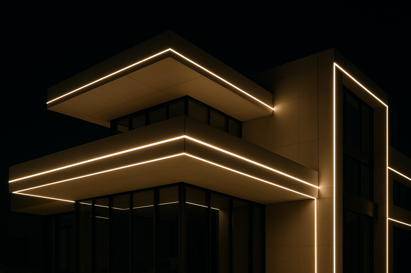 A stunning photo of a high-end architectural project at night, with clean, brilliant lines of light from silicone-extruded LED strips perfectly integrated into the design. The lighting looks pristine and flawless.