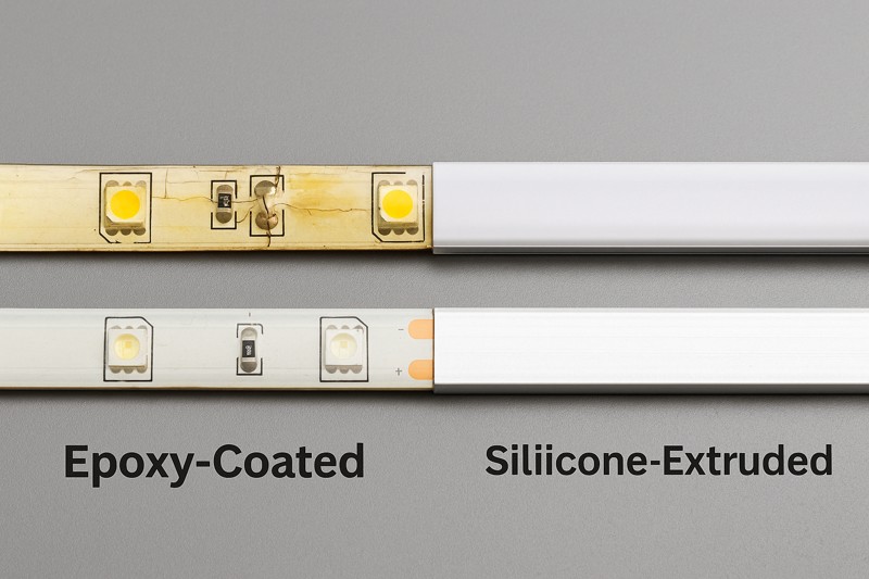 A side-by-side comparison of a yellowed, cracked, and failing epoxy-coated LED strip next to a brand-new-looking, flexible silicone-extruded LED strip after simulated aging.