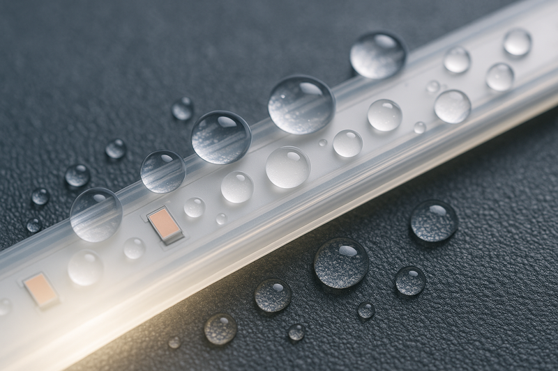 A close-up shot of crystal-clear water beads sitting harmlessly on the surface of a high-quality, non-yellowed silicone LED strip.